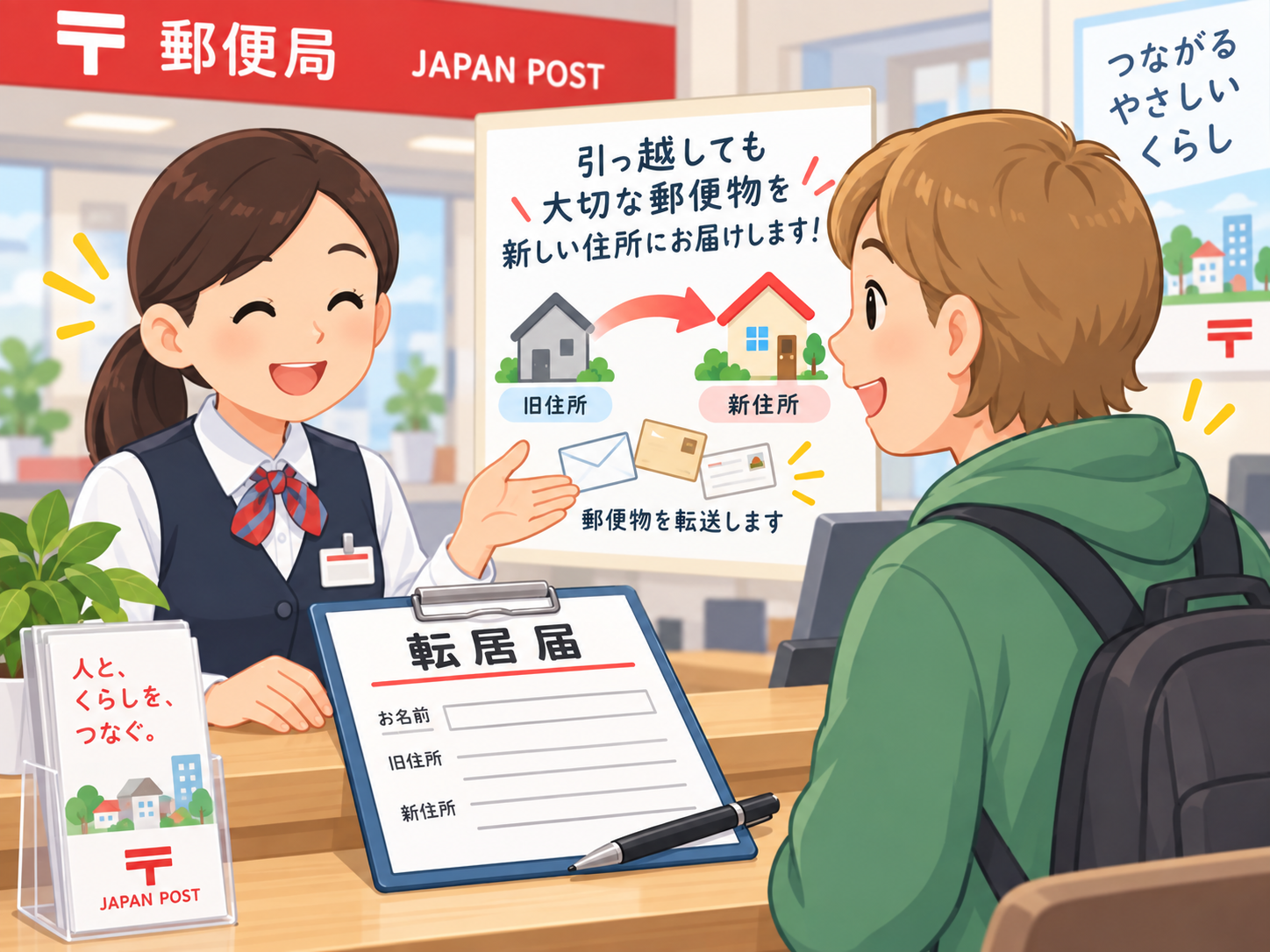 郵便局で転居届を提出し、旧住所から新住所へ郵便物を転送してもらうイメージ
