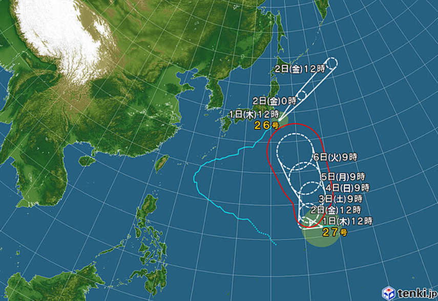 2026年10月1日時点の台風27号の予想進路